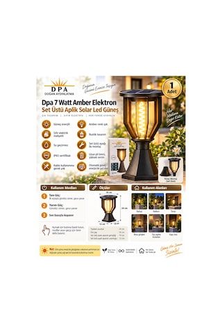Dpa 7w Amber Elektron Set Üstü Solar Led Güneş Enerjili Şarjlı Armatür Lamba 2000k 190lm Ip65