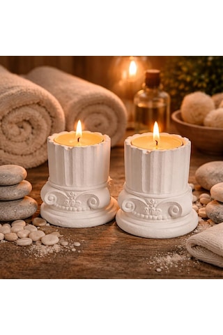 Antik Roma Sütun Tealight Mumluk Seti, Beyaz, Taş Tozu, 10 Cm, Vintage Stil, 2'li Set