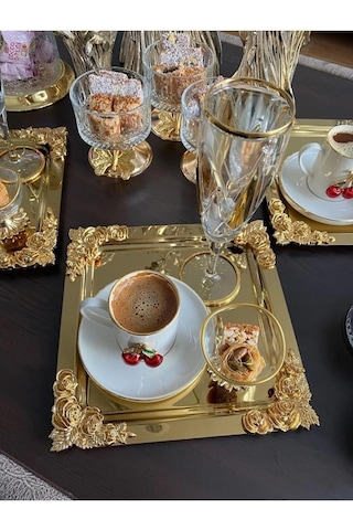 6'li Kahve & Çay & Sunum Tepsisi Metal Döküm Gül Model Gold Çok Renkli