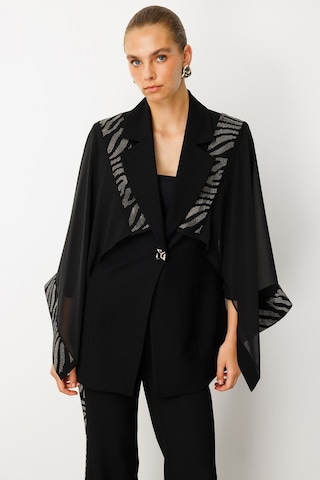 Moda İlgi Kadın Şifon Pelerin Detaylı Taş İşlemeli Ceket 0065 Siyah Siyah