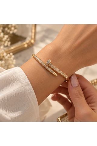 Zirkon Taşlı Çivi Kelepçe Bilezik - 316l Paslanmaz Çelik Gold Kadın Bileklik 86936693