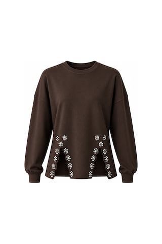 Laluvia Kahverengi Taş İşlemeli Sweatshirt - 261010