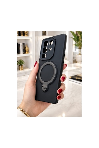İnfinix Hot 50 Pro İle Uyumlu 360 Derece Dönebilen Kalın Metal Magsafe Halka Stantlı İçi Kadife Korumalı Ultra Lüx Premium Silikon Kılıf Siyah