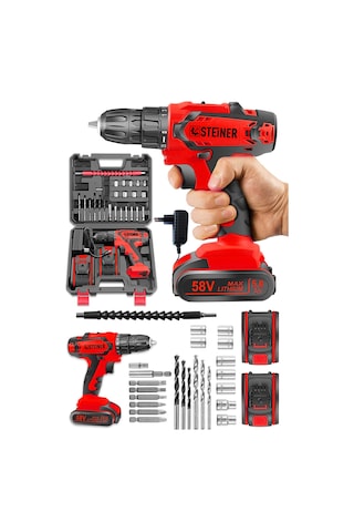 Steiner Kupfer Darbeli 58 V 5 Ah Çift Akülü Vidalama Matkap Kırmızı + 24 Parça Set