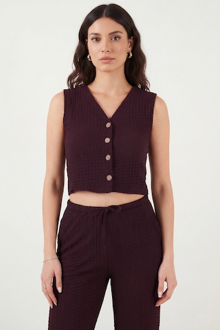 Lela Regular Fit V Yaka Yelek-pantolon Gofre Takım Bayan Takım 5866484 Bordo