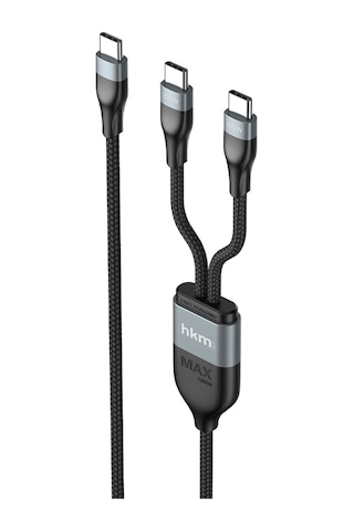 Duo Power 100W Çift Uçlu Type-C To Type-C + Type-C Şarj Kablosu Örgü Tasarım 1.2 Metre Siyah