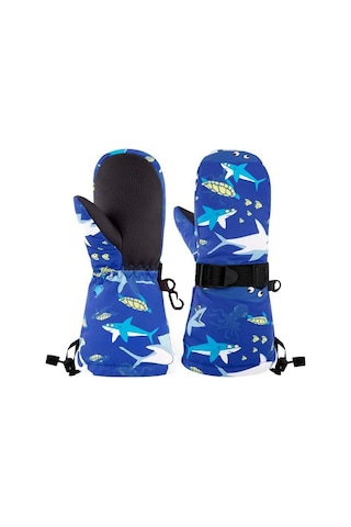 Su Geçirmez Erkek Çocuk Kar Bere Eldiven Set 2-4 Yas Kayak Snowboard Bere Eldiven Mavi Shark Mavi