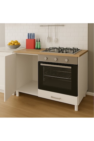 100lük Ankastre Fırın Ve Ocak Dolabı, Set Üstü Ocak Dolabı, Çok Amaçlı Dolap, Mutfak Dolabı Meşe - Beyaz