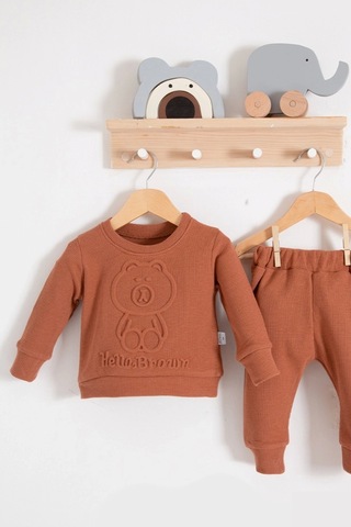 Bear Gofre Kabartmalı 2'li Erkek Bebek Takımı Kahve Kahverengi