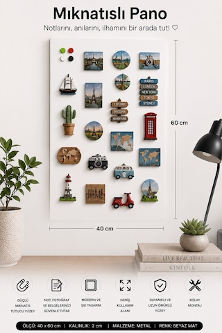 Yiğit Metal Mıknatıslı Pano Beyaz Ofis/çalışma Odası İçin Mıknatıs Hediyeli Metal Magnet Hatıra Panosu 40 x 60 CM