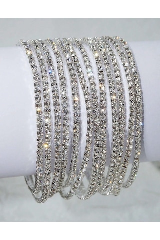 India Parlak Taşlı 3 Adet Minimal 925 Gümüş Kaplama Esnek Bileklik Çok Renkli