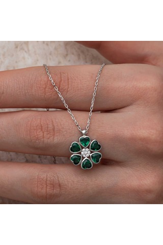 Gümüş Yeşil Kalpli Çiçek Kadın Kolye Sl10616 Gümüş