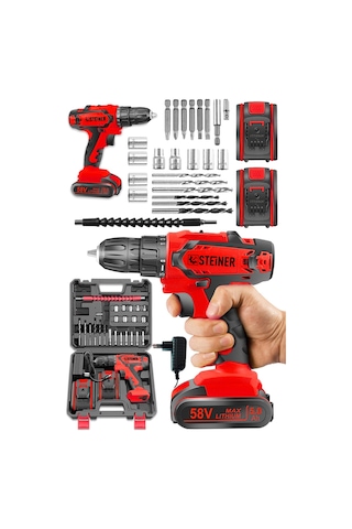 Steiner Kupfer Darbeli 58 V 5 Ah Çift Akülü Vidalama Matkap Kırmızı + 24 Parça Set
