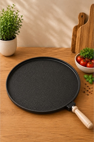 TerraStone 36 cm Granit Gözleme Bazlama Tavası – Yapışmaz Büyük Boy Saç Tava, Ahşap Saplı