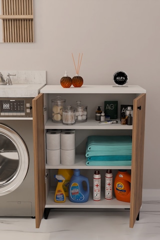 Çok Amaçlı Banyo & Çamaşır Odası Dolabı, Ayarlanabilir Raflı, Kapaklı Modern Banyo Dolabı Beyaz - Atlantik Çam