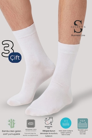 Socketta 3'lü Beyaz Erkek Business Bambu Dikişsiz Takviyeli İnce Yazlık Soket Çorap - Premium Beyaz
