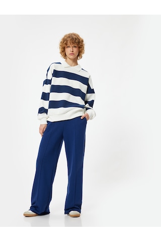 Koton Polo Yaka Sweatshirt Oversize Renk Bloklu Uzun Kollu Lacivert Çizgili 5wal10107ık Lacivert