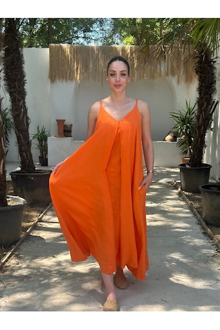 Yazlık Keten Askılı Oversize Elbise Turuncu