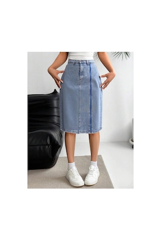 Kene Jeans Yüksek Bel Ön Fermuar Detaylı Kot Etek Taş