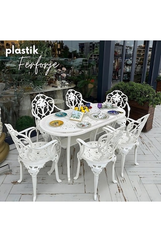 Ceritti Ferforje Görünümlü Plastik 6 Kişilik Masa Takımı-100 Beyaz