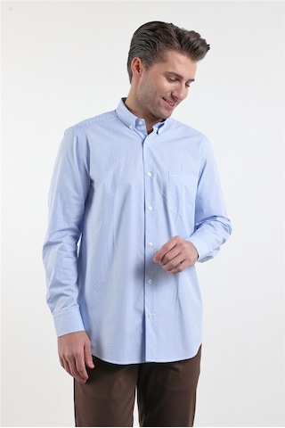 İmza Beyaz - Mavi Düğmeli Yaka Uzun Kol Cepli Comfort Fit Pamuk Gömlek 1004260175 XL