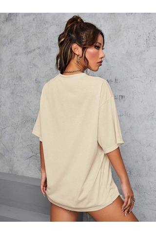 Flood Of Style Kadın Bej New York Baskılı Oversize Bisiklet Yaka Tişört