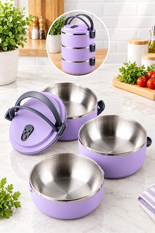 3 Katlı Yeni Nesil Sefer Tası Lunch Box Beslenme Kabı Paslanmaz Çelik 1800 Ml Lila