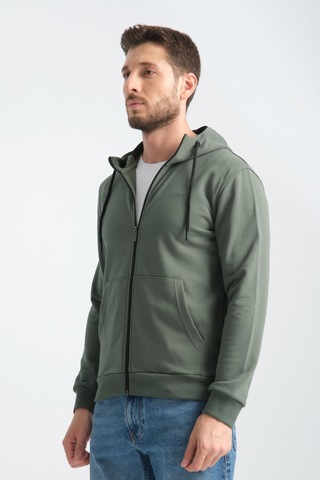 Shooter Sportwear Shooter Erkek Üç İplik Şardonsuz Fermuarlı Kapüşonlu Sweatshirt Haki