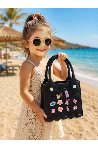 Papucumun Dünyası Çocuk Eva Malzeme Suya Dayanaklı Emojili Havuz Deniz Kumsal Günlük Çanta Siyah