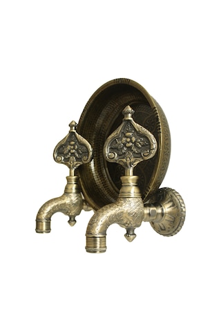 Fkn İkili Hamam Taslı Desenli Perlatörlü Antik Osmanlı Musluk Bronz