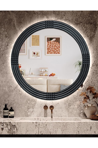 Led Işıklı Safir Siyah Dekoratif İşlemeli Banyo Duvar Aynası 56cm Siyah