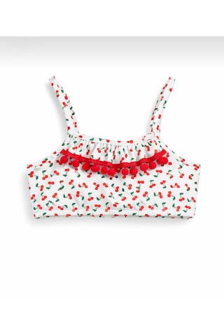 Nurbebe Kiraz Desenli Baskılı Kız Çocuk Bikini Takım Beyaz