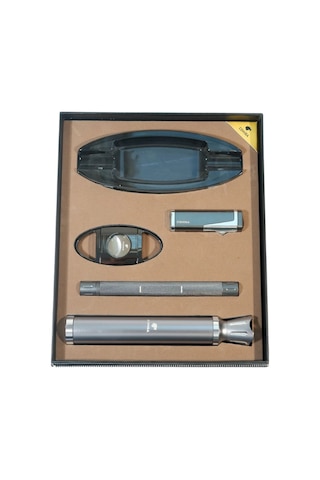 Cohiba 3 Torch Çakmak Tüp Delici Küllük Kesici Gümüş-siyah Beşli Puro Seti Tr9862