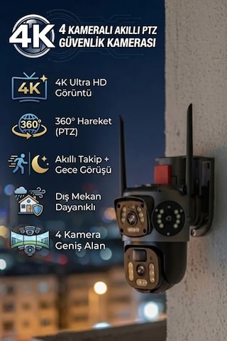4k Dış Mekan Güvenlik Kamerası 3 Lensli Ultra Net Gece Görüşlü, Yapay Zeka Hareket Algılama