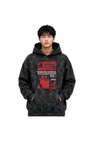Sevbano Sasuke Uchiha Naruto Anime Baskılı Unisex Oversize Yıkamalı Premi Siyah