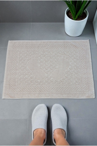 Ayak İzi Desenli 2li Ayak Havlusu - 50x70 Cm - Su Emici Banyo Paspası Seti - Krem krem