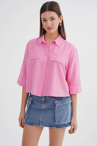 Mixray 4660 Kadın Kısa Kol Crop Gömlek Pembe