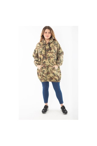 Kadın Büyük Beden Haki Rahat Kesim Kamuflaj Desenli Kapşonlu Kanguru Cepli Uzun Sweatshirt 65n37298-haki Haki