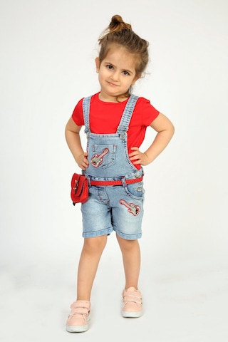 Toontoy Kids Kız Bebek Salopet Çantalı Gitar Nakışlı Kot Kırmızı