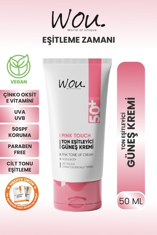 Wou World Of Unique Pink Touch Ton Eşitleyici ve Aydınlatıcı Yüksek Koruyucu Güneş Kremi SPF50+ 50 ML