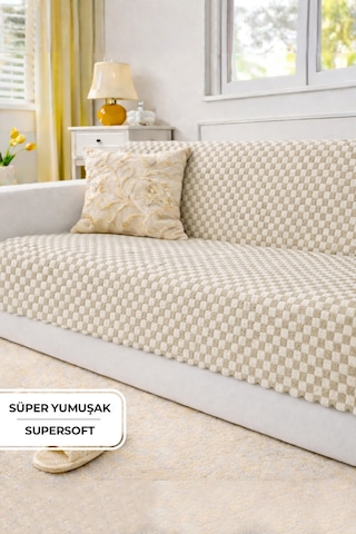 Aron Kürklü Koltuk Örtüsü 170x215 Cm Yumuşak Peluş Lüks Kaymaz Taban Kanepe Örtüsü Krem Kahve Krem - Kahve