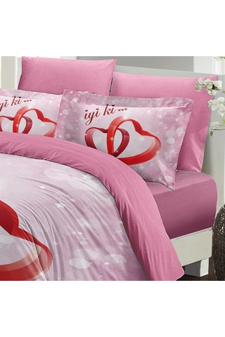 MONOHOME Sevgililer Günü Çift Kişilik Nevresim Takımı %100 Pamuk Saten İyiki Sen Çok Renkli