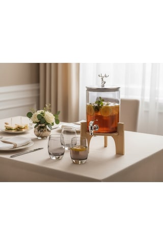 Elta Collection Gümüş Füme Cam Şerbetlik Meşrubatlık Musluklu Ve Ahşap Standlı 3.6 Litre Gümüş