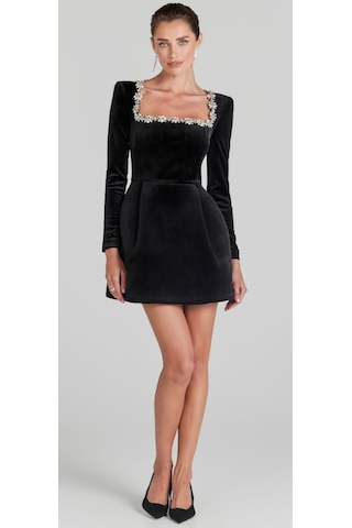 Hanife Glam Couture Hanife Glam Kare Yaka Taşlı Mini Kadife Elbise Siyah