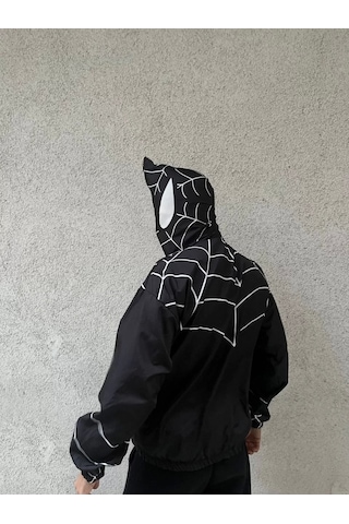 Unisex Uzun Kollu Kapşonlu Rüzgarlik - Siyah Siyah