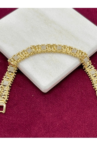 Silver Kare Taşlı Gold Örme Model Bileklik Gold