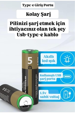 Kalın Pil Kalem Pil Usb Type-c Kablo İle Şarj Edilebilir Lityum 2'li Kalem Pil 1.5v Aa / 3200 Mwh
