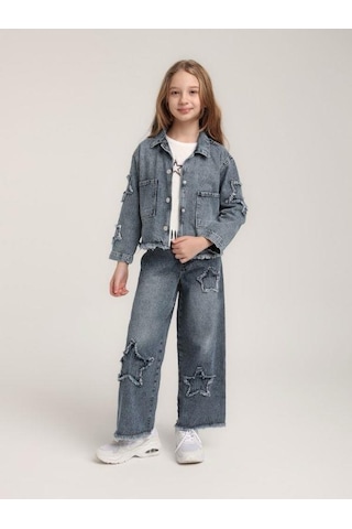 Kız Çocuk Yıldızlı Büyük Cepli Kot Ceket-15622 Mavi