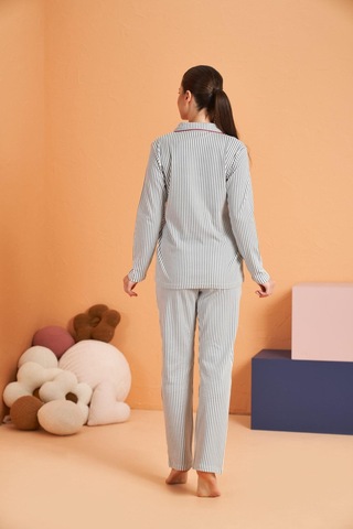 Pjs Kadın Önden Düğmeli Gömlek Yaka Çizgili Uzun Kollu Pijama Takım gri