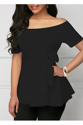 Kadın Kısa Kollu Madonna Yaka Yandan Bağlamalı Ithal Krep Bluz Antrasit Melanj